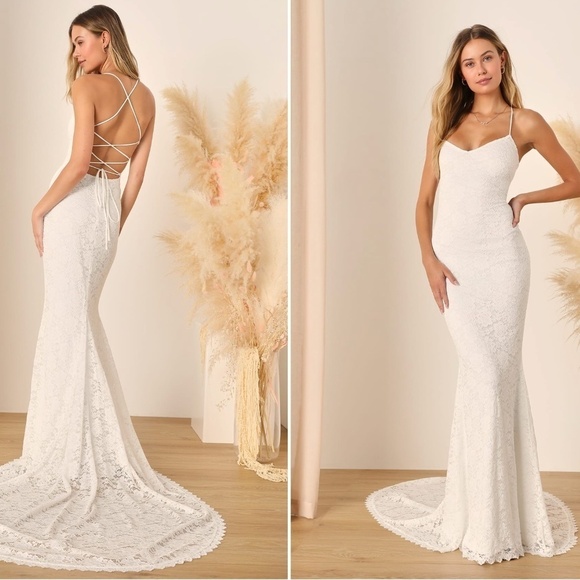 LULU's Elegant Sexy Wedding Bridal Shower Engagement Lace Flowy Corset Back Maxi - Picture 1 of 4